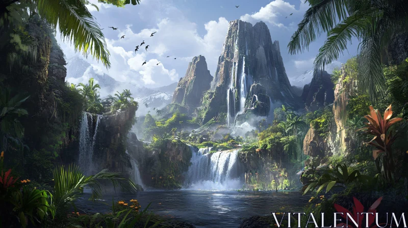 AI ART Majestic Waterfalls Amidst Verdant Mountains