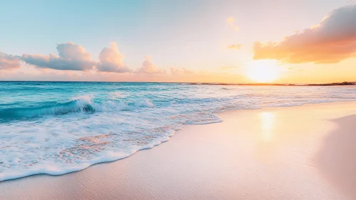 Peaceful Sunset Beach with Waves and Reflections