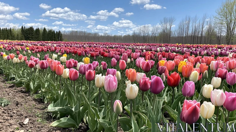 Vibrant Tulip Field on a Clear Spring Day AI Image