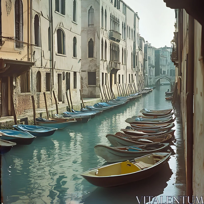 Peaceful Urban Waterway with Historic Structures and Moored Boats AI Image