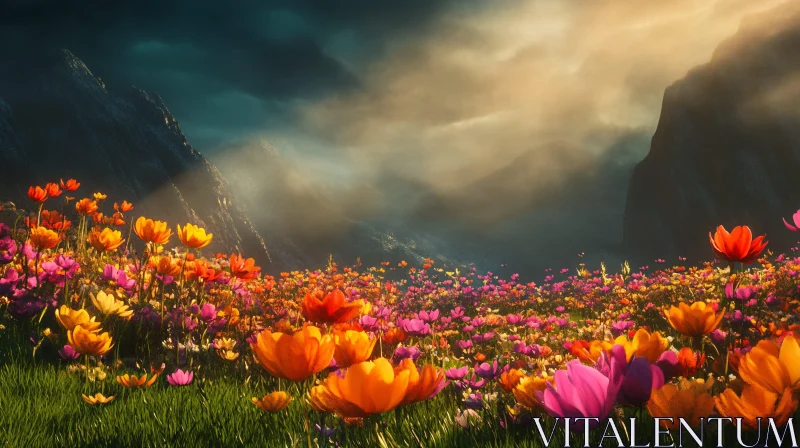 AI ART Blooming Meadow Against Mountain Backdrop