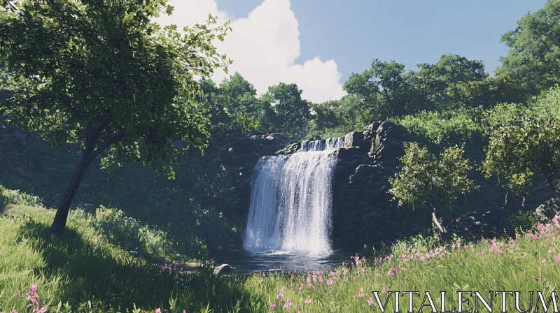 AI ART Tranquil Forest Setting with Cascading Waterfall