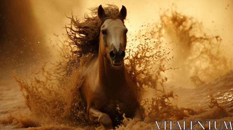 Close-up of a Horse Running Through Muddy Waters in Light Gold Tones AI Image