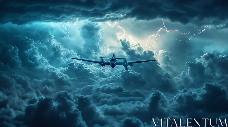 Plane Navigating Through Thunderstorm Clouds AI Image