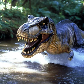 Dinosaur Charging Through Forest River