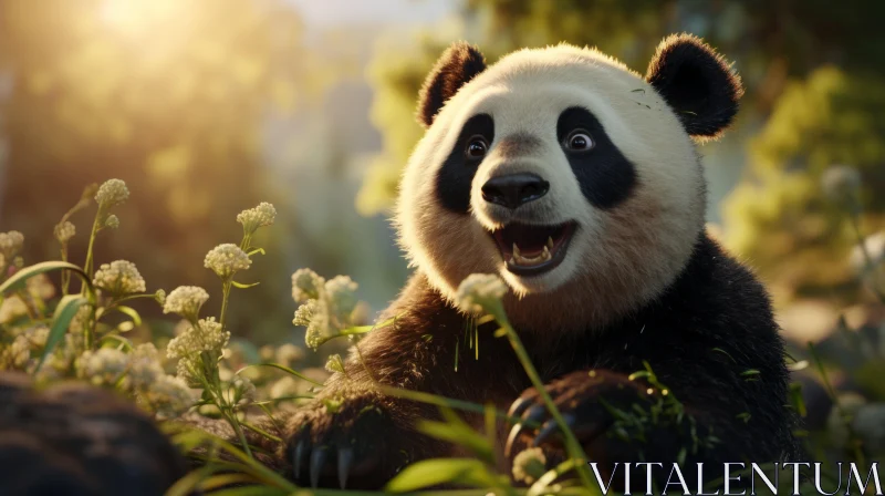 Joyful Panda Watching Sunrise in a Forest AI Image