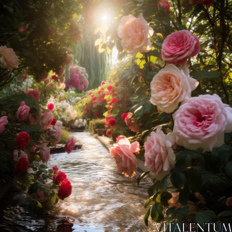 Lush Rose Garden by Stream - Atmospheric Nature Photography AI Image