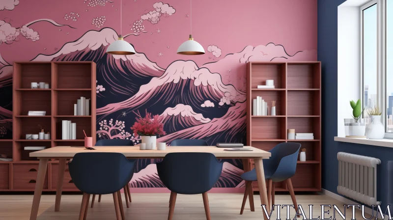 Oriental-themed Dining Room with Seascape Mural AI Image