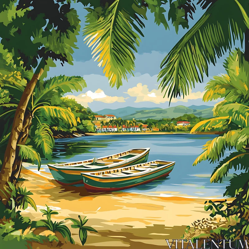 Tropical Beach with Wooden Boats and Lush Greenery AI Image