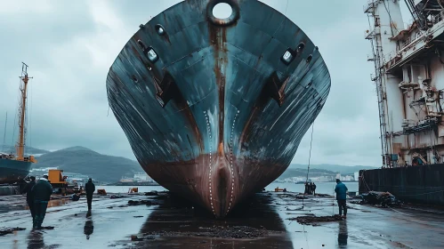 Giant Ship in Industrial Shipyard