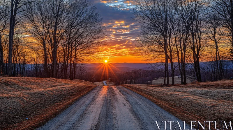 Sunset Road Through Leafless Tree Landscape AI Image