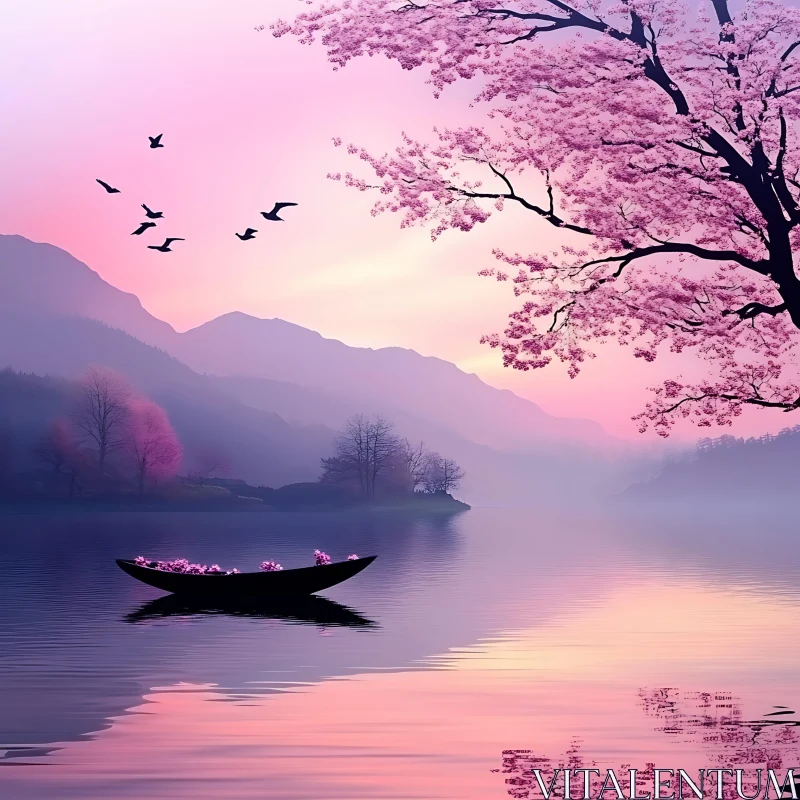 Tranquil Lake at Twilight with Blossom-Filled Boat AI Image