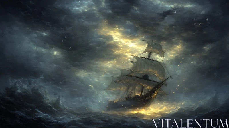 Classic Ship in Storm with Dark Clouds AI Image