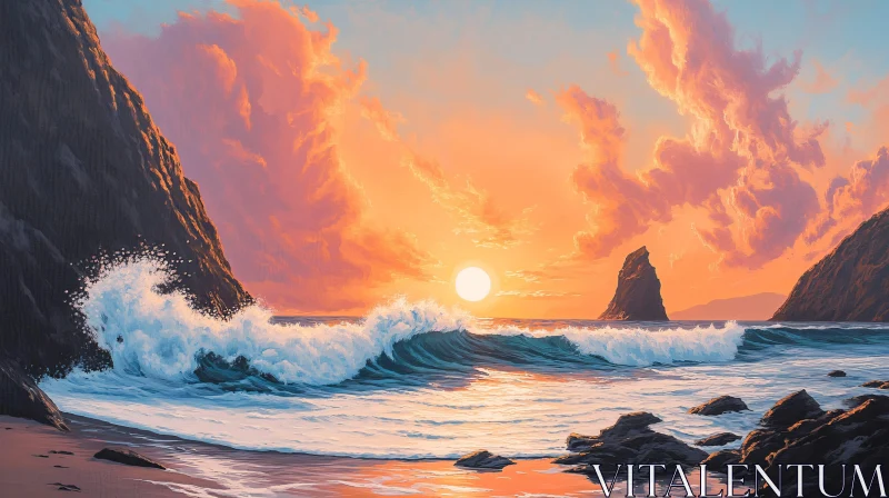 AI ART Serene Ocean Sunset with Rocky Shoreline