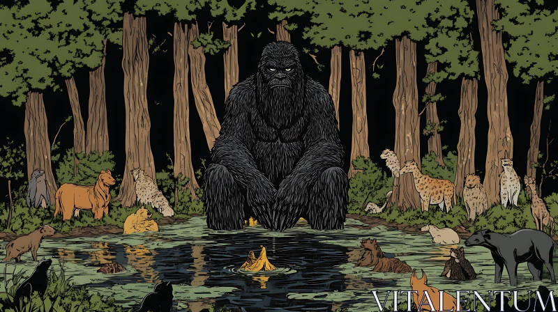 AI ART Gorilla in a Forest Surrounded by Various Wildlife