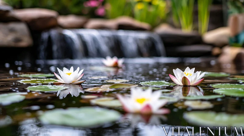 AI ART Tranquil Water Garden with Water Lilies and Cascading Waterfall