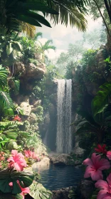 Tropical Oasis with Cascading Waterfall