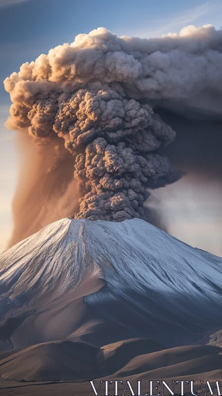 Snow-Capped Volcano Erupting with Dark Ash Plumes AI Image