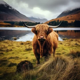 Highland Cow by Lake in Moody Colors - Naturalistic Portraiture