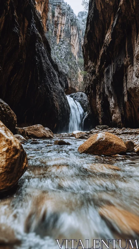 AI ART Peaceful Waterfall Flowing Through Canyon