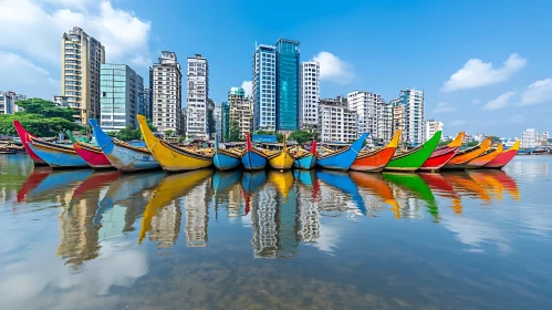 Urban Waterfront with Vibrant Boats