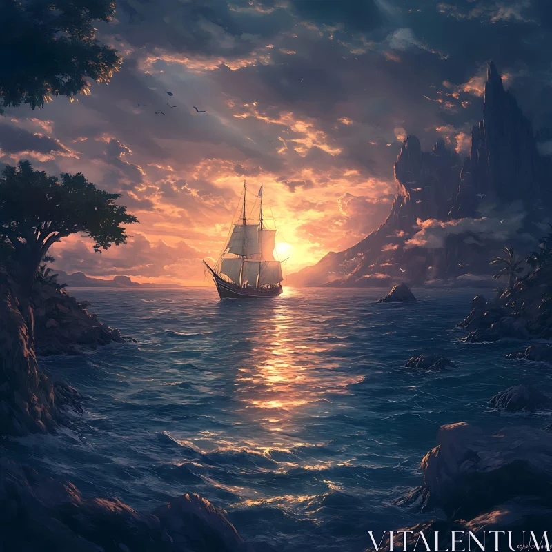 Sunset Voyage: Tranquil Sailing Ship Scene AI Image