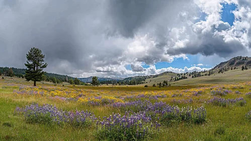 Meadow of Wildflowers under a Cloudy Sky