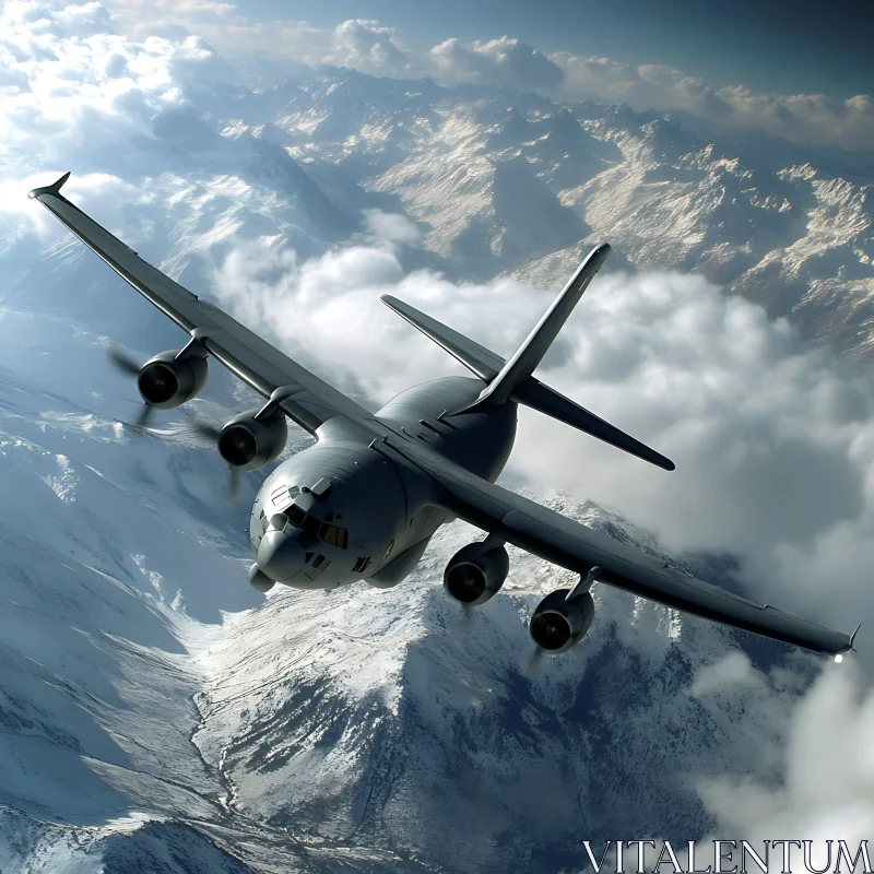 Airplane Flying Over Snowy Mountains AI Image