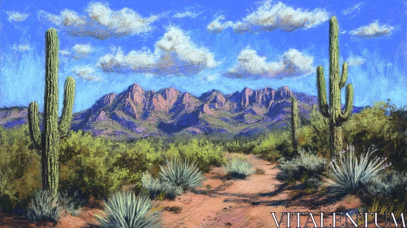 AI ART Desert Scene with Cacti and Mountain Range