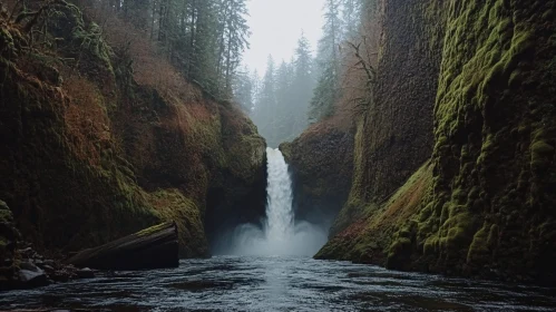 Moss-Covered Cliffs and Waterfall