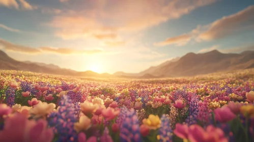 Majestic Sunset with Flower Field and Mountain Backdrop