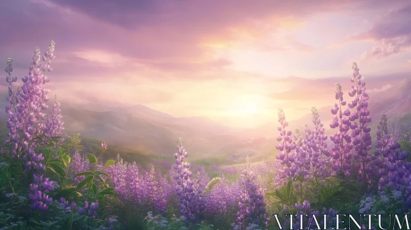 AI ART Peaceful Lupine Flower Field at Sunset with Mountains