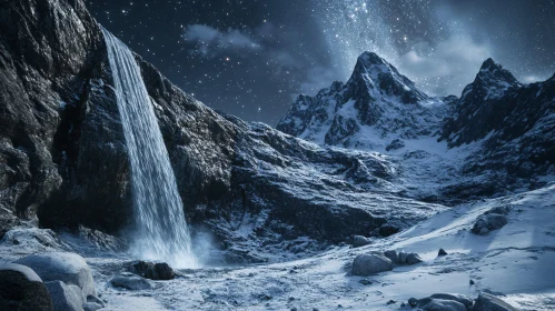 Starry Night Over Snowy Waterfall and Mountains