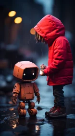 Child's Encounter with Robot on Rainy Night - Illuminated Scene