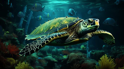 Underwater Majesty: A Detailed Rendering of a Sea Turtle in its Habitat