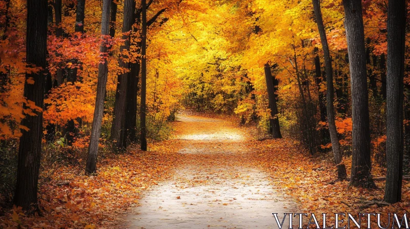 Autumn Forest Trail Filled with Colorful Leaves AI Image