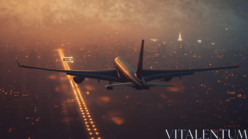 Aircraft Approaching Runway at Dusk AI Image