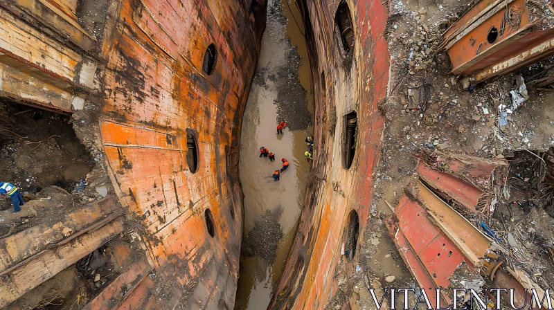 Industrial Wreckage from Above with Workers AI Image