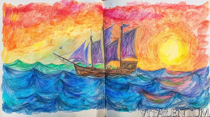 Sailboat at Sunset Drawing AI Image