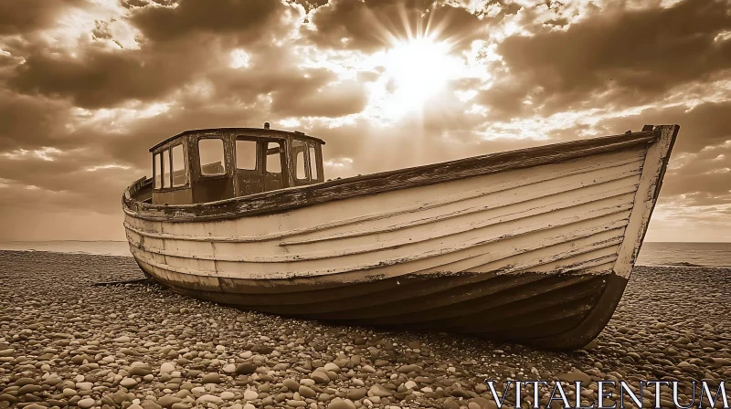 Nostalgic Scene: Sunlit Abandoned Boat on Pebble Beach AI Image