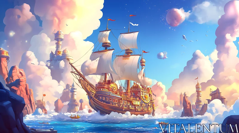 Surreal Fantasy Ship in Cloud-Kissed Seas AI Image