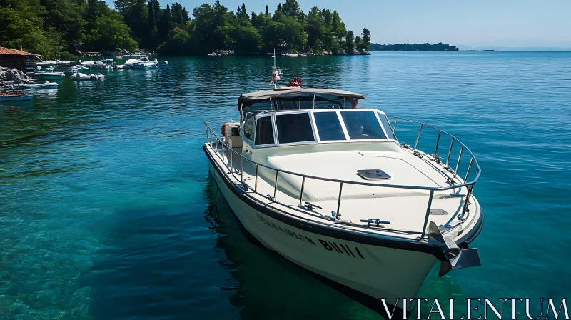 White Boat on Clear Sea Near Forested Coast AI Image