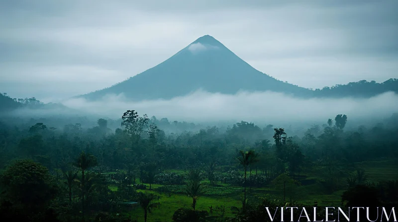 Tranquil Mountain Peak Amidst Foggy Forest AI Image