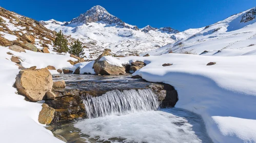 Snow-Covered Mountains and Ice-Capped Stream