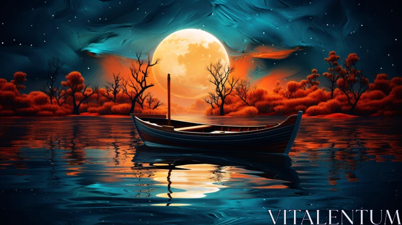 Mystical Moonlit Lake with Boat AI Image