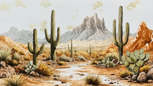 Desertscape with Cacti and Mountain Views