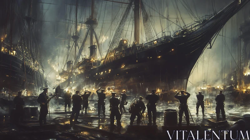 Nighttime Dock Scene with Ships and Soldiers AI Image