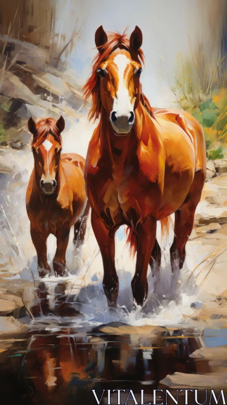 Amber Hued Horses: A Lively Rural Water Scene AI Image