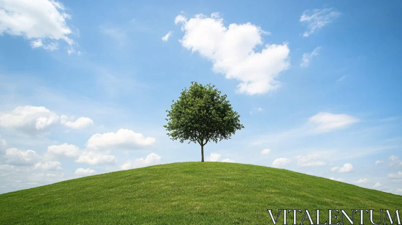 AI ART Lonely Tree on Grassy Hill with Blue Sky