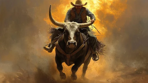 Western Cowboy Riding Bull in Blaze